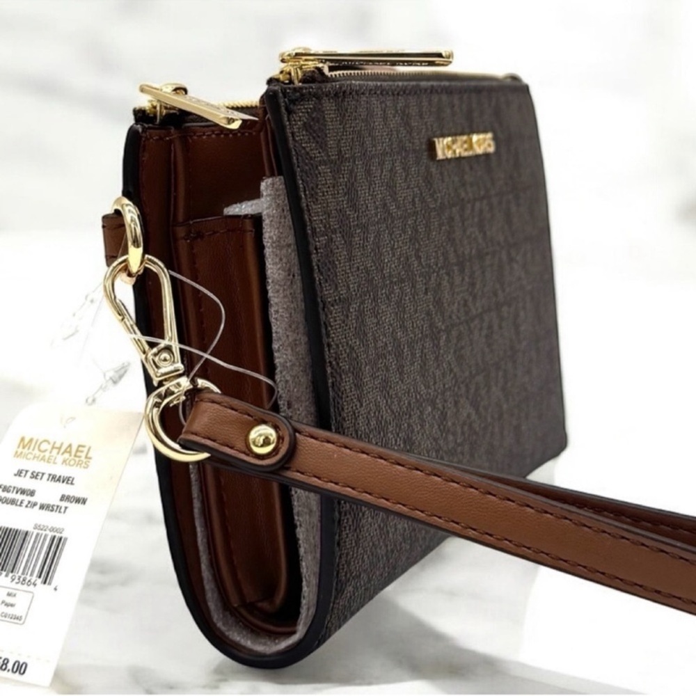 Michael Kors Large Jet Set Travel Double Zip Wallet Brown/Gold - Picture 4 of 8